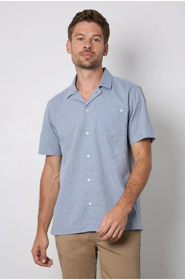 Navy Textured Short Sleeve Revere Collar Shirt