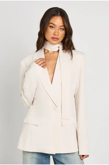Tall Scarf Detail Cinched Blazer - ecru