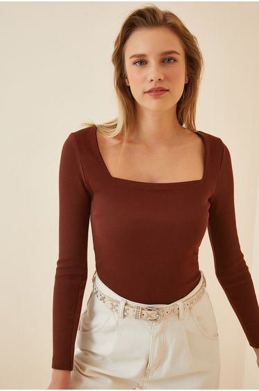 Women's Dark Brown Square Neck Ribbed Knitted Blouse