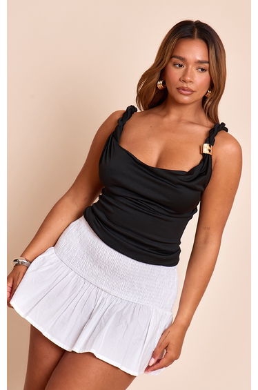Shape Black Cowl Neck Twisted Gold Trim Strap Top