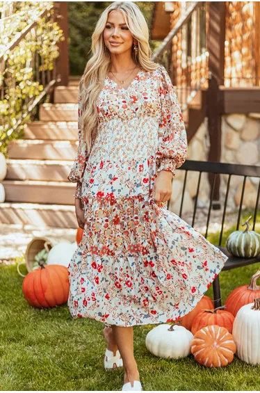 Lvness Khaki Floral Print Ruffled Tiered Long Sleeve V Neck Midi Dress