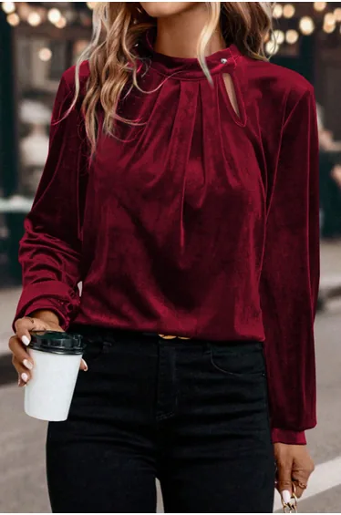 Lvness Red Dahlia Asymmetric Button Keyhole Neck Long Sleeve Velvet Blouse