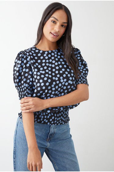 Blue Spot Shirred Hem Blouse