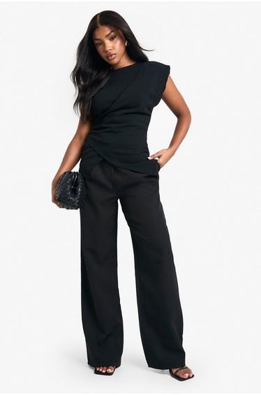 Scuba crepe shoulder pad top - black