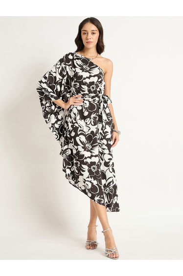 Black Floral One Shoulder Asymmetrical Hem Midi Dress