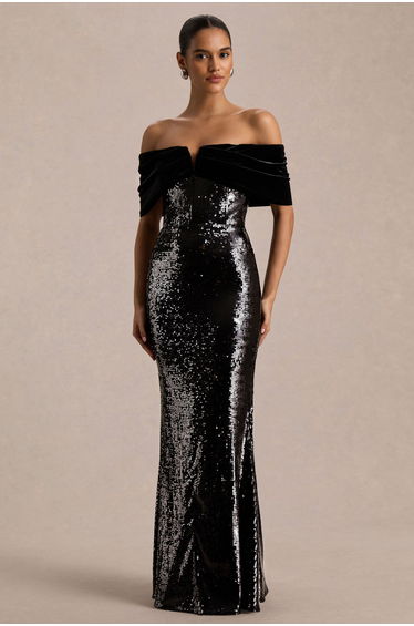 Bex | Black Sequin Bardot-Neck Maxi Dress