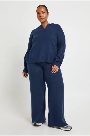 Plus Collar Knitted Lounge Set - navy