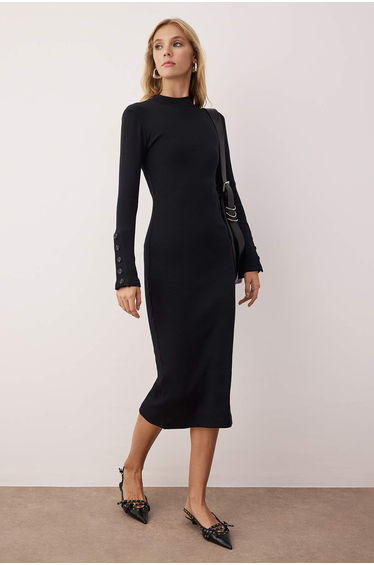 Black Stand Collar Fitted/Fits-Your-Body Buttoned Midi Knit Dress