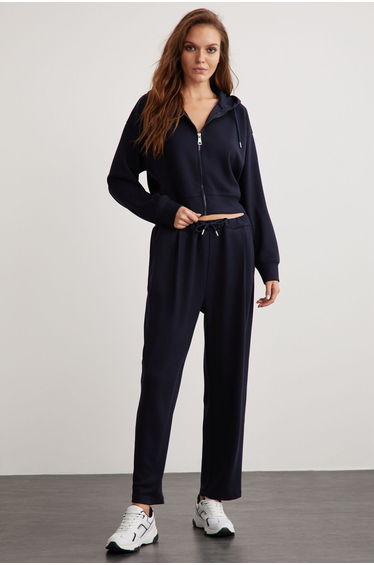 Jill Women's Relaxed Fit Comfortable Pattern Hooded Zippered Premium Fabric Knitted Crop Navy Blue Sweatshirt