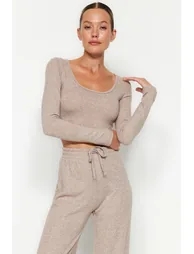 Beige Soft Crop and Wide Leg / Wide Leg Knitted Top and Bottom Set - 1