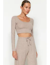 Beige Soft Crop and Wide Leg / Wide Leg Knitted Top and Bottom Set - 2