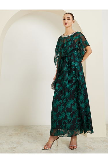 Green Embellished Jacquard Kaftan