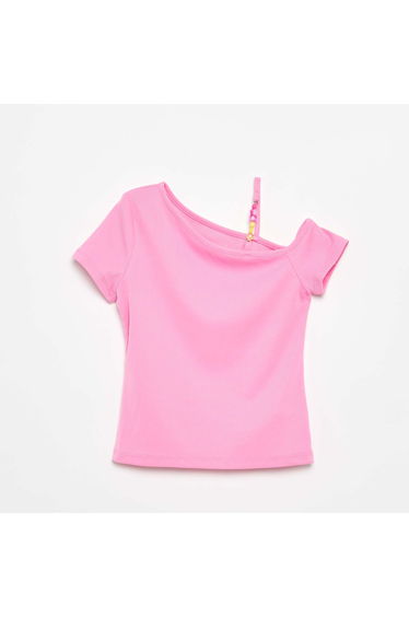 Ribbed asymmetric collar top PINK