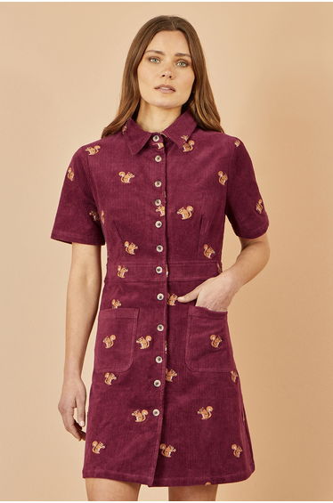 Yumi Burgundy Cord Shirt Dress With All Over Squirrel Embroidery
