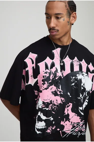 Black Oversized Boxy Heavyweight Skull Print T-Shirt - black
