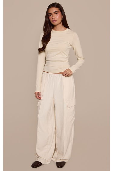 Cream Peachskin Pocket Detail Wide Leg Trousers