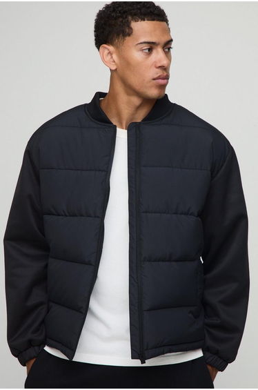 Regular Fit Quilted Scuba Sleeve Puffer - black