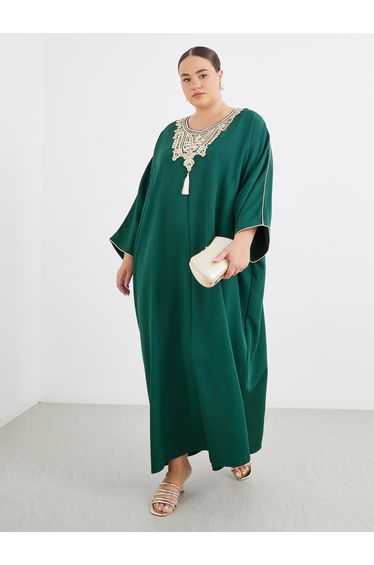 Plus Green Kaftan with Lace Patch Detail