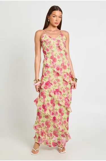 Chiffon Pastel Floral Ruffle Detail Maxi Dress - soft lime
