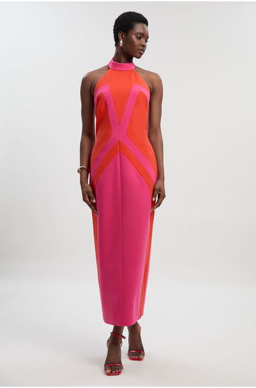 Compact Stretch Colour Block Tailored Halter Neck Midi Dress