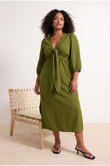 Oil Green Linen Mixed Woven Plus Size Dress