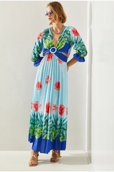 Women's V-Neck Window Detail Pleated Patterned Dress