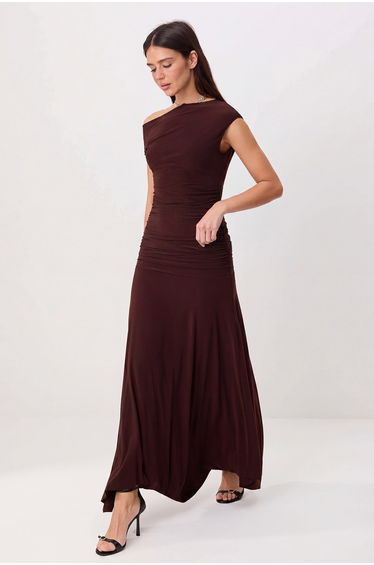 Brown Plain Fitted/Asymmetrical Collar Long Stretch Knitted Bottom - Top Set