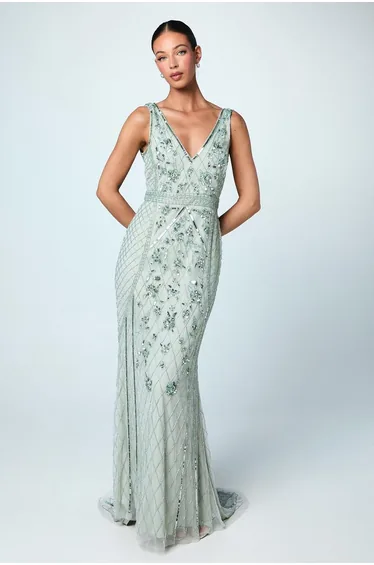 Plunge Floral Embellished Dress