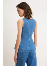 Blue Strap Peplum 100% Cotton Denim Blouse - 3
