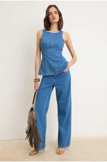 Blue Strap Peplum 100% Cotton Denim Blouse