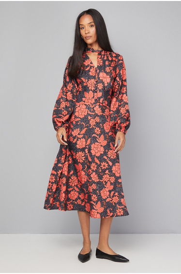 Floral Button Tie Neck Dress