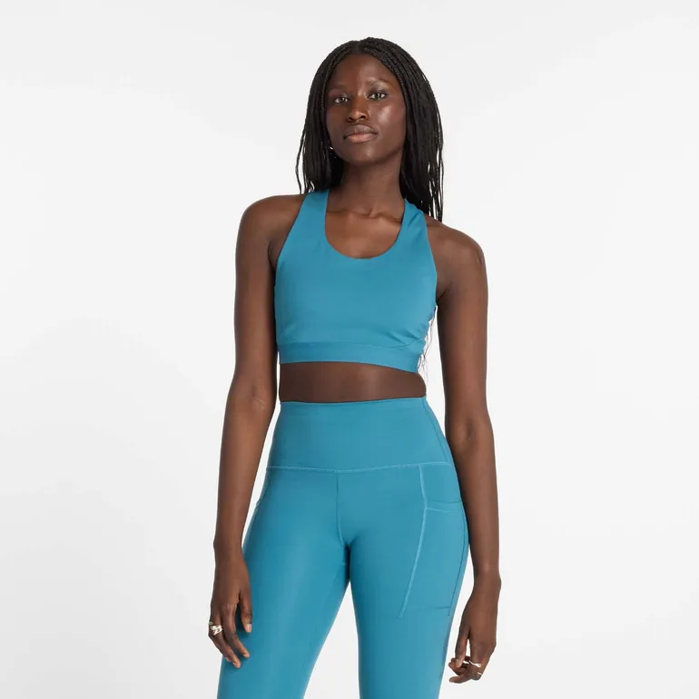 Women's New Balance Sleek Medium Support Pocket Sports Bra in Blue
