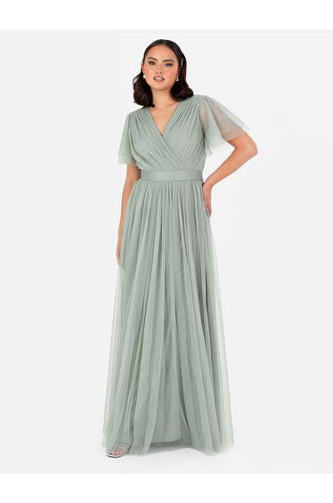Anaya With Love Recycled Frosty Green Tulle Faux Wrap Short Sleeve Maxi Dress