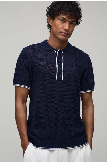 Regular Fit Open Stitch Knitted Polo - navy