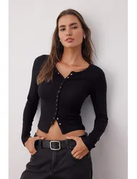 Black Full Front Snap Fitted/Body-Smoothing Knitted Blouse - 1