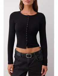 Black Full Front Snap Fitted/Body-Smoothing Knitted Blouse - 2