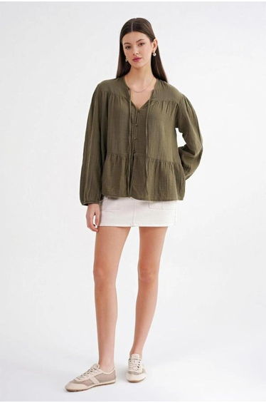 Mixray Long Sleeve Relaxed Fit Blouse with Tie-Neck