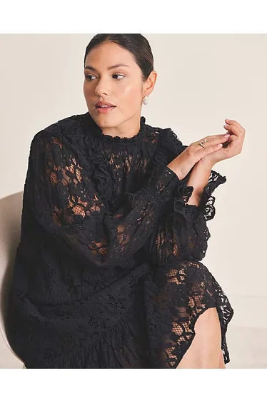 Black Lace Ruffle Mini Dress