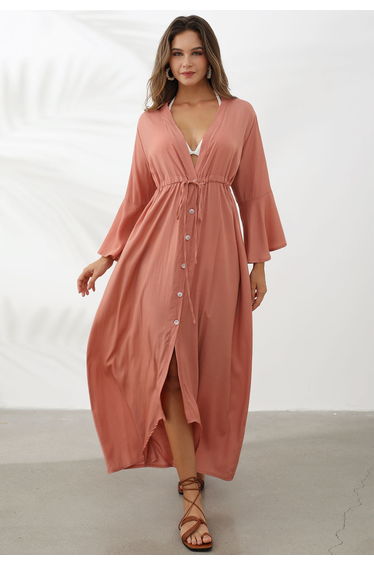 V-Neck Flounce Sleeves Button-Up Cover-Up in Coral