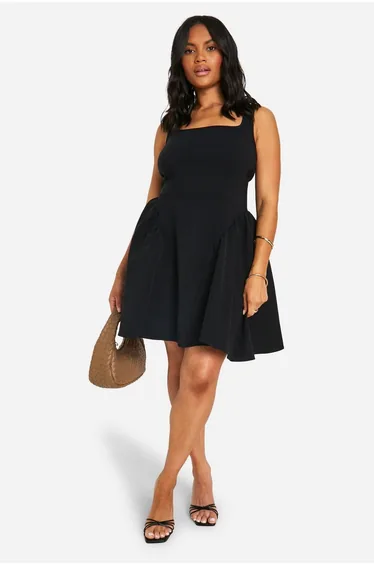 Plus Bengaline Bow Back Skater Dress - black