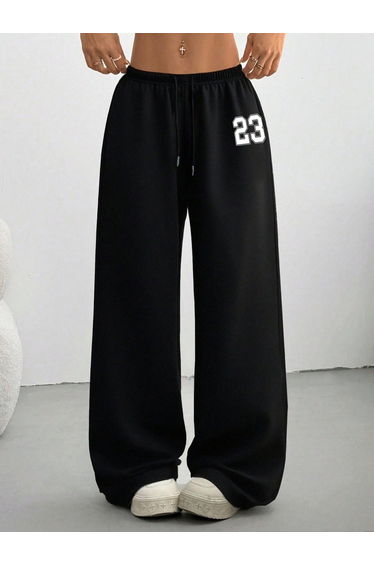 Black Wide Leg Pants with Number Print