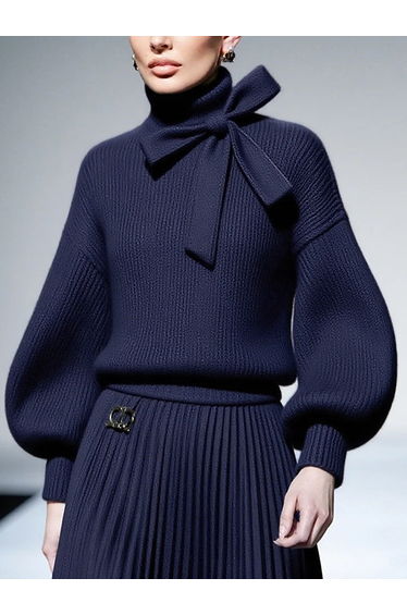 Loose Puff Sleeves Bowknot Solid Color Split-Joint High Neck Sweater Tops