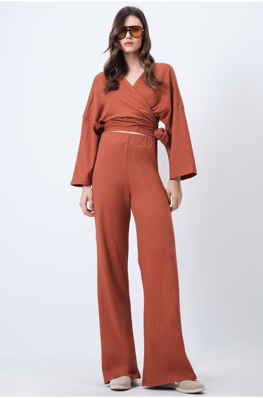 Women's Tile Double-Breasted Tie-Up Blouse Slit Pants Double Knitted Set
