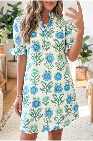 Lvness Sky Blue Floral Print Half Button Frilly Short Sleeve Dress
