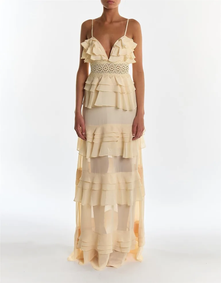 true decadence yellow dress Stella Cream-Yellow-Floral Open Cross-Back Puff-Sleeve Midi-Dress Polyester/Spandex True Decadence by Glamorous -