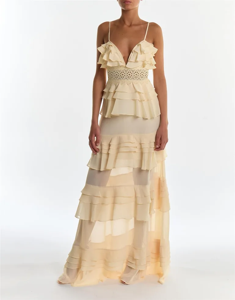 true decadence yellow dress Watercolour-Floral Sophia Plunge Front Tiered Ruffle Maxi-Dress With a sultry open back True decadence apple green maxi