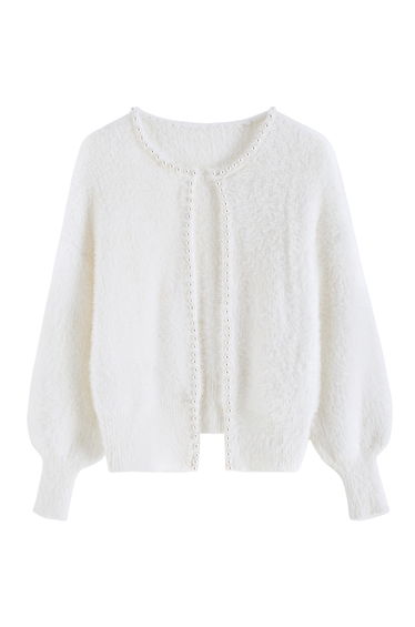 Open Front Pearly Fuzzy Knit Cardigan in White