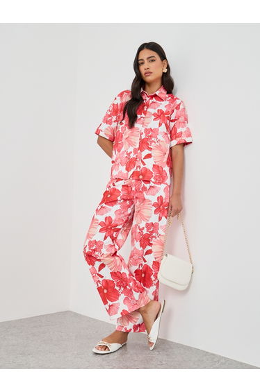 Printed Collared Buttoned Shirt and Pants Co-Ords