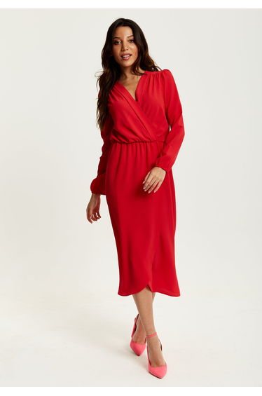 Women's Midi Wrap Dress in Red with Long Sleeves and V Neck . product thumbnail 3