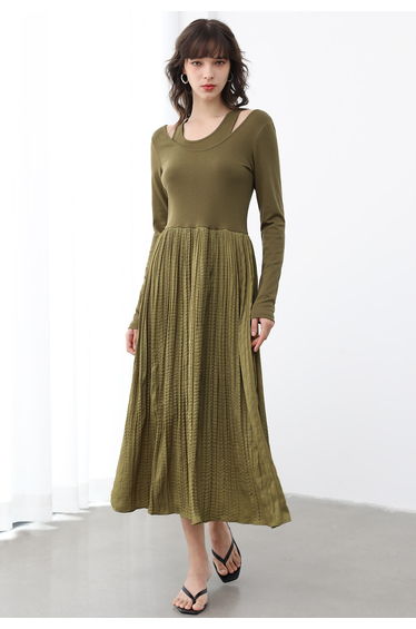 Fake Two-Piece Spliced Midi Dress in Moss Green